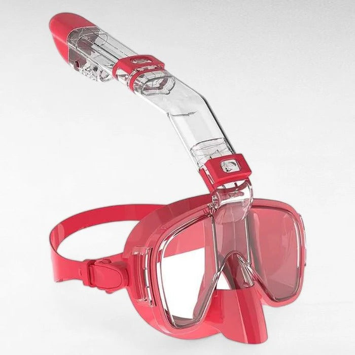 Unisex panoramic anti-fog dry top snorkeling mask for water sports.