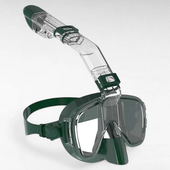 Dry top anti-fog panoramic snorkeling mask for unisex adults.