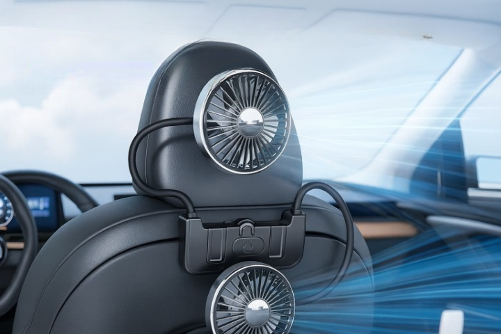 Unisex dual-head car rear seat fan, USB-C rechargeable, for cooling and vehicle climate control