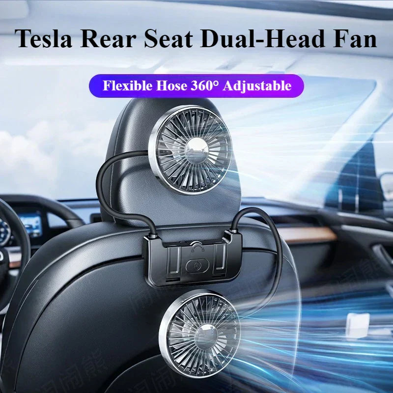 Dual-head car fan with USB-C, perfect auto accessory for rear seat cooling and travel comfort