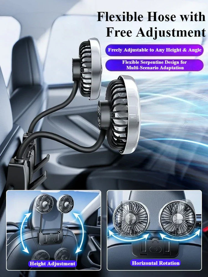 Portable dual-head rear seat fan, USB-C rechargeable, for enhanced car ventilation and travel