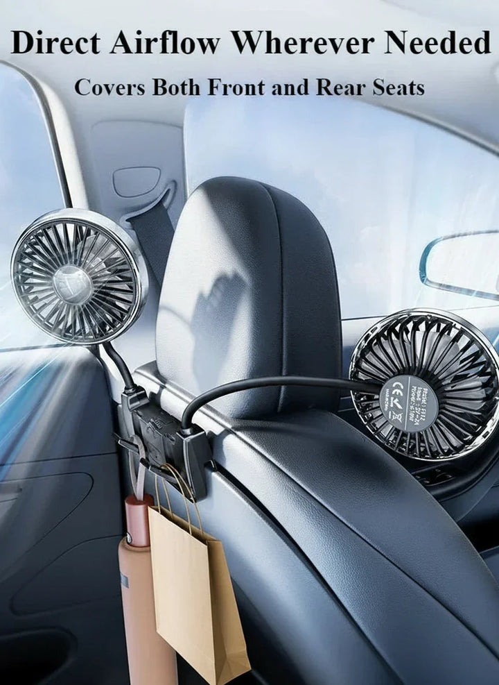 Close-up of a dual-head USB-C car fan, an essential rear seat cooling auto accessory