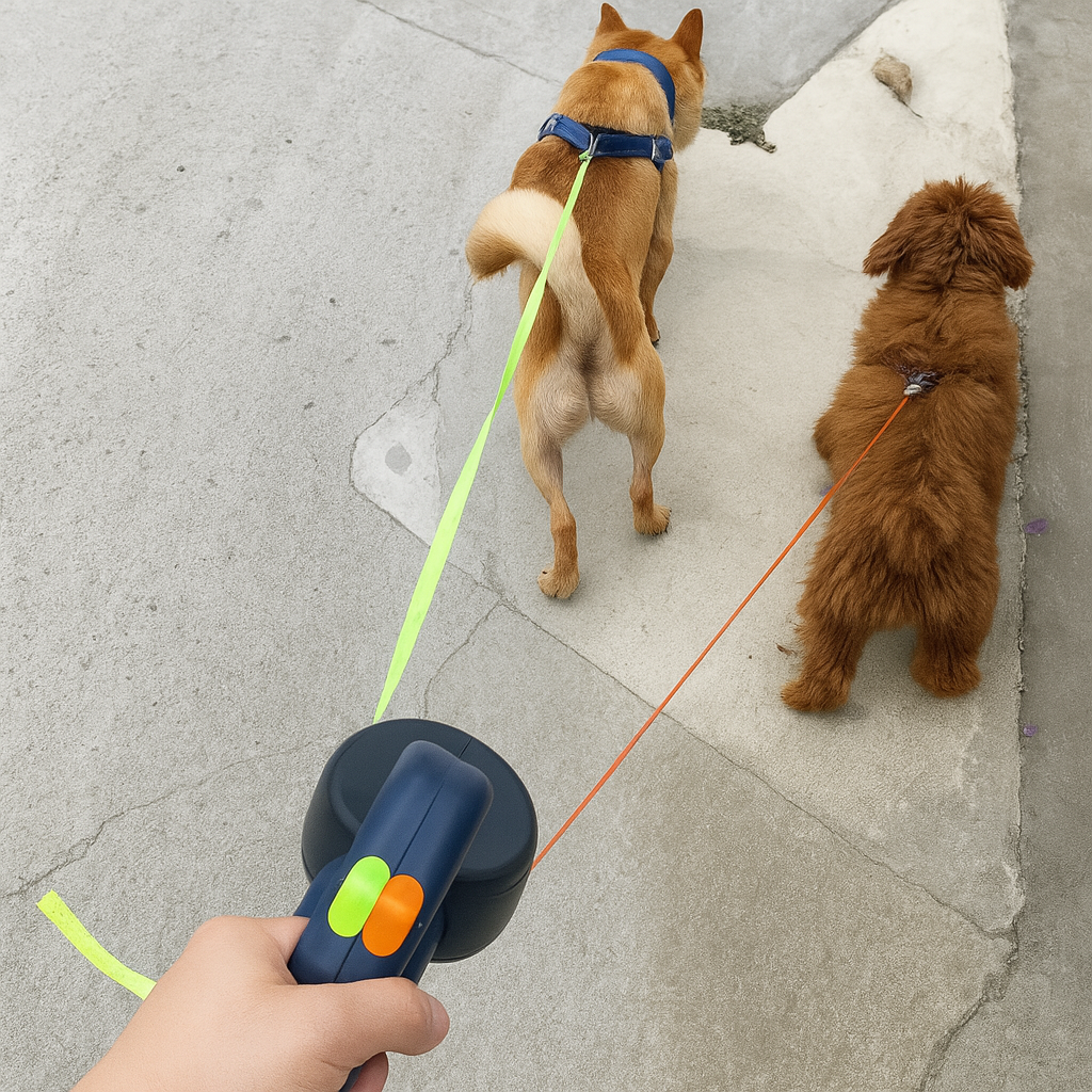 Unisex dual retractable dog leash for two dogs, tangle-free walking with 360° swivel. Ideal pet accessory.