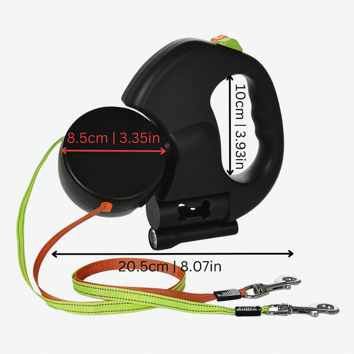 Reflective dual retractable dog leash with 360° swivel, offering tangle-free walks for two dogs. Pet supplies.