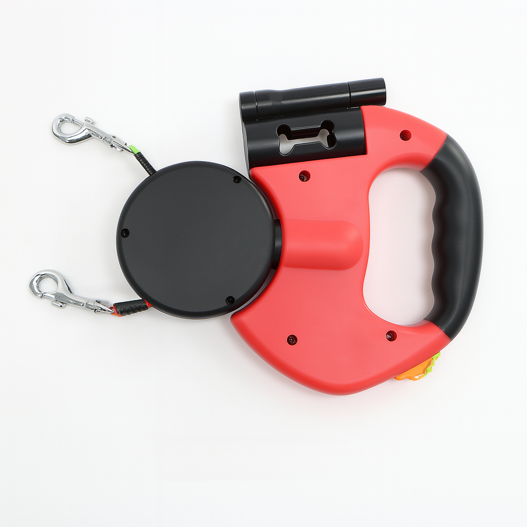 Innovative dual retractable dog leash with 360° swivel for tangle-free, safe walks with two dogs. Pet accessory.