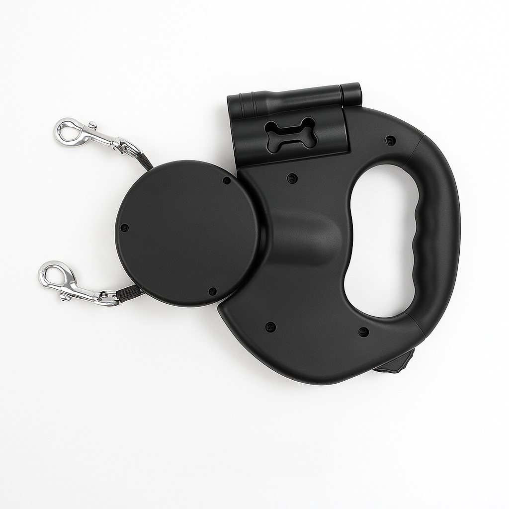 Durable unisex dual retractable dog leash, 360° swivel, reflective for safe, tangle-free dog walking.