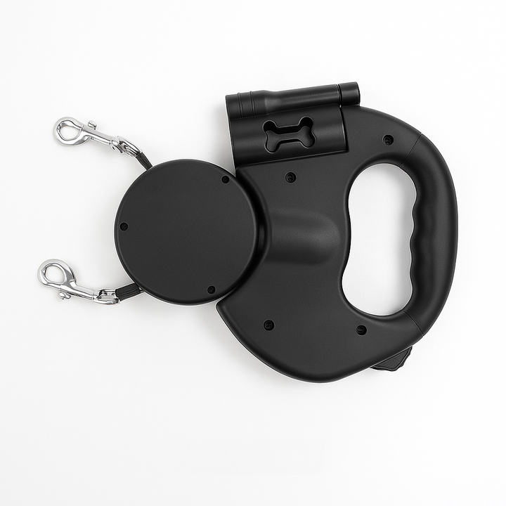 Durable unisex dual retractable dog leash, 360° swivel, reflective for safe, tangle-free dog walking.