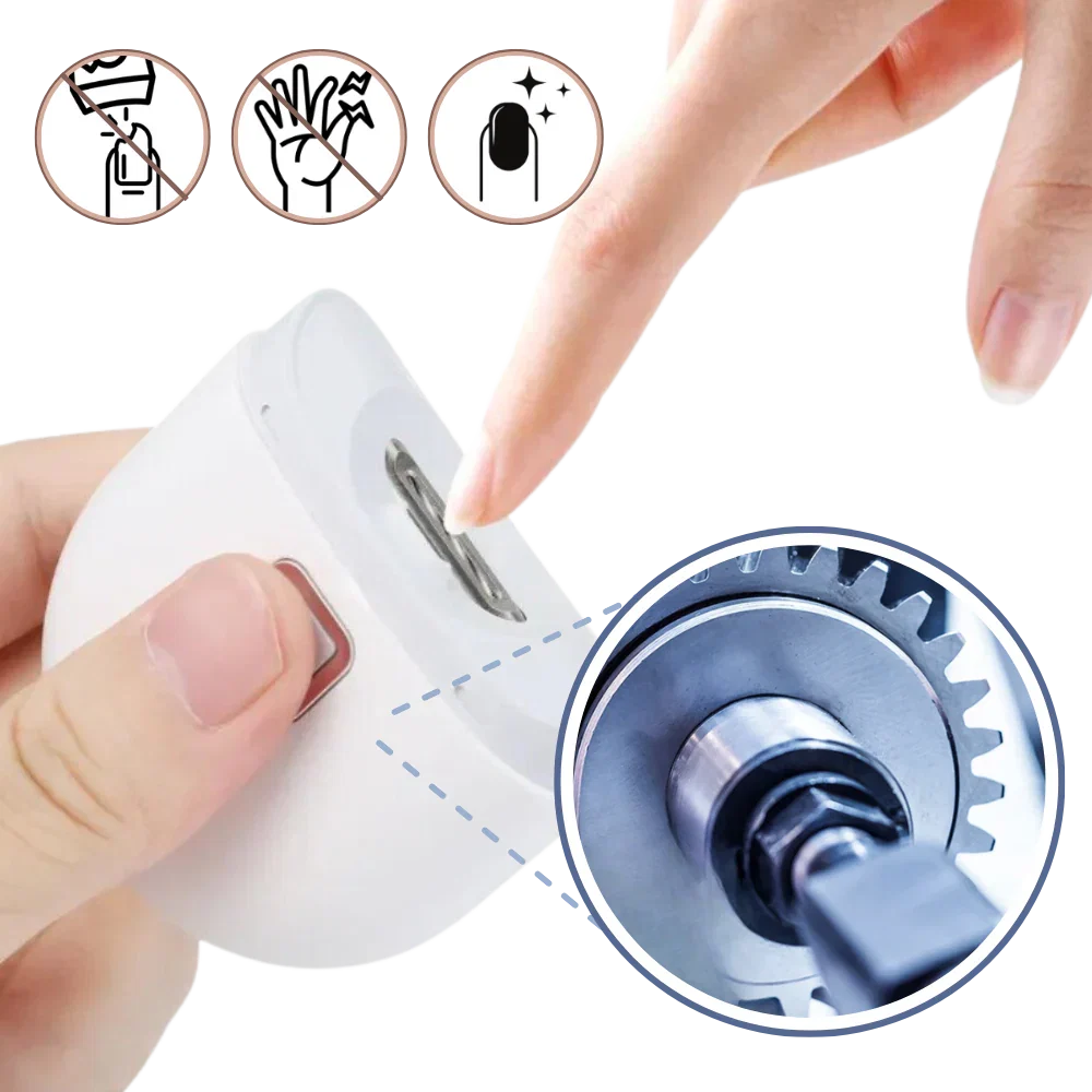 Closeup of a person using a dual speed electric nail clipper for easy, precise, and safe nail trimming.