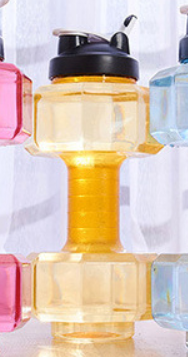 Dumbbell-shaped water bottle for fitness, strength training, and daily workout hydration.