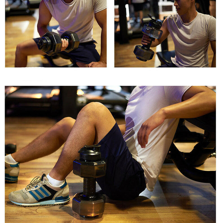 Fitness dumbbell water bottle, a portable sports bottle for gym hydration & active workouts.