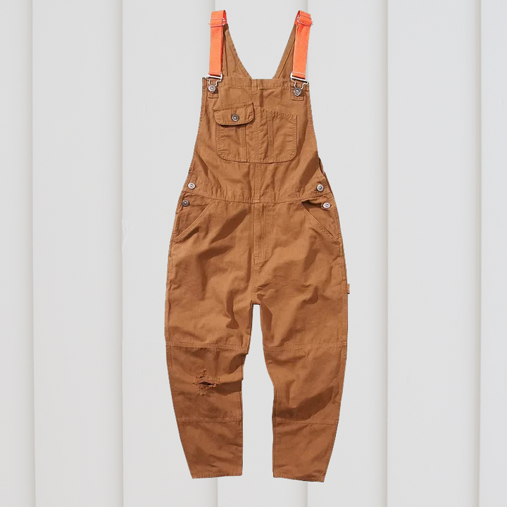 Brown unisex garden workwear dungarees with practical pockets, ideal for outdoor tasks & durability.