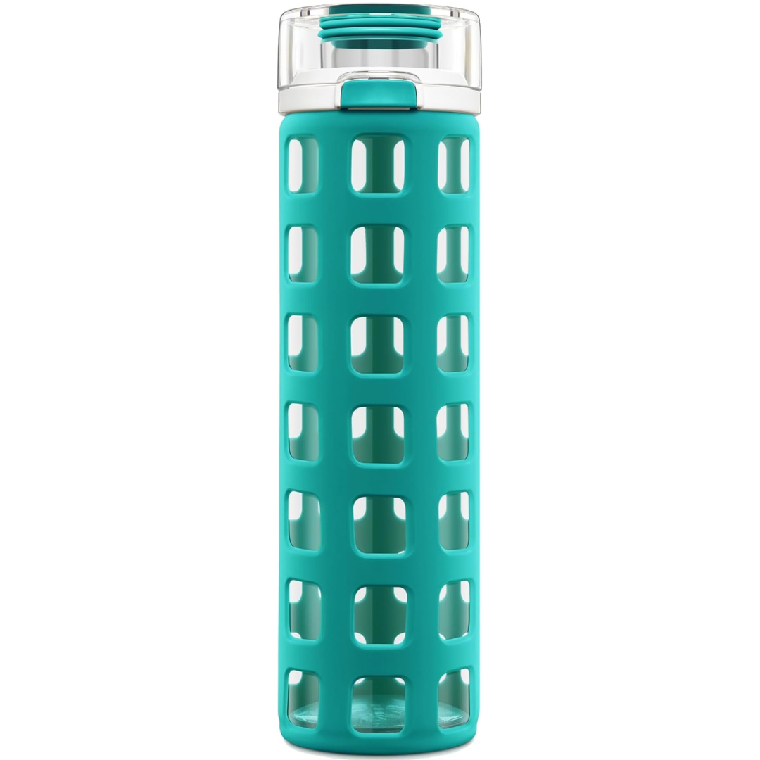 Unisex durable glass water bottle with one-touch flip lid & silicone sleeve for daily hydration.