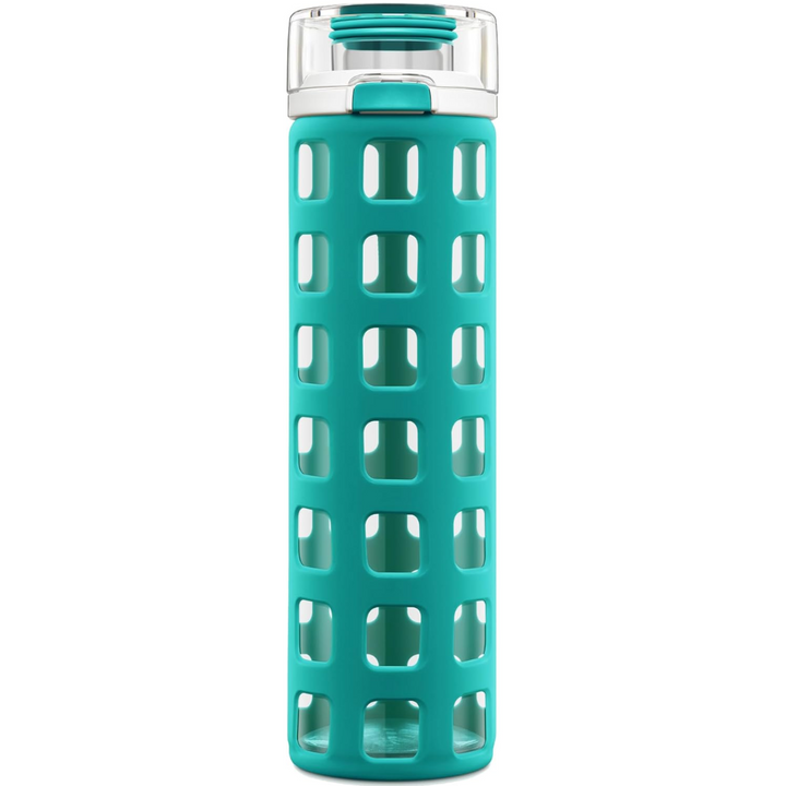 Unisex durable glass water bottle with one-touch flip lid & silicone sleeve for daily hydration.