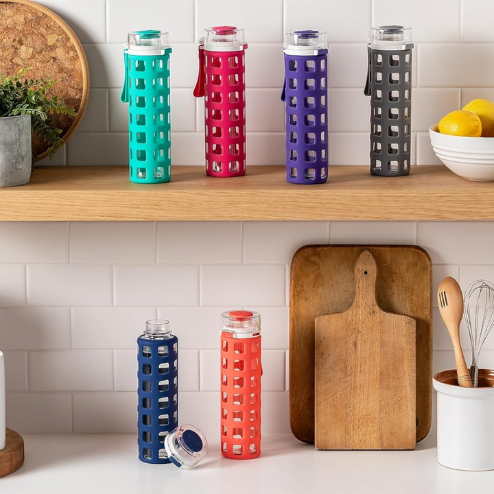 Premium durable glass water bottle with secure flip lid, ideal for daily hydration and active use.