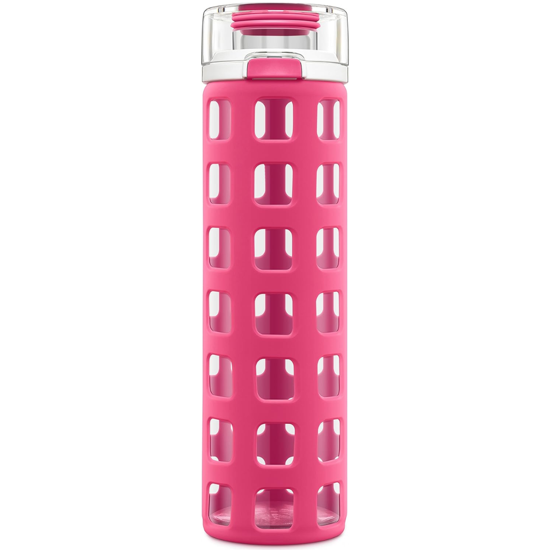 Eco-friendly reusable glass water bottle with leak-proof flip lid, perfect for active lifestyle.