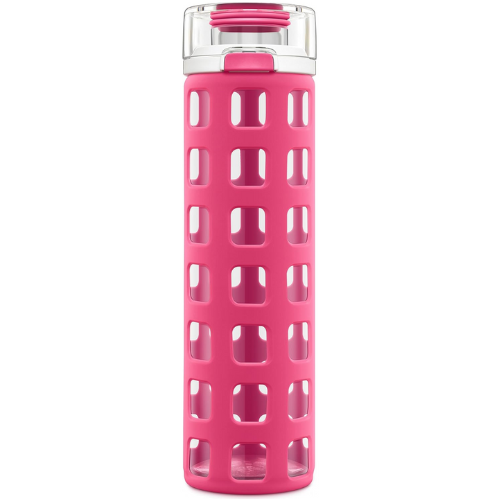 Eco-friendly reusable glass water bottle with leak-proof flip lid, perfect for active lifestyle.