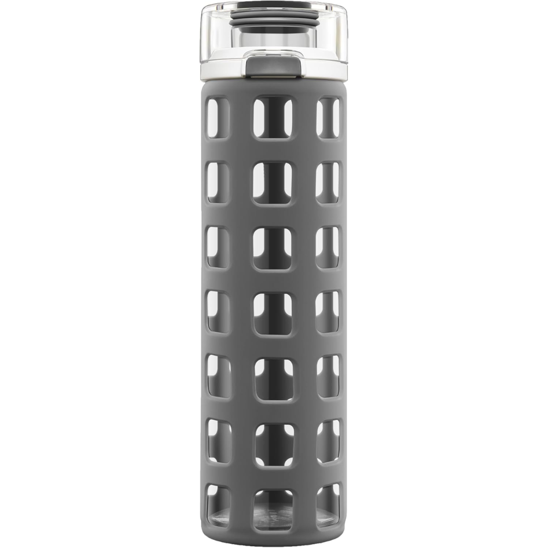 Durable glass water bottle with convenient one-touch flip lid, silicone sleeve, ideal for daily carry.
