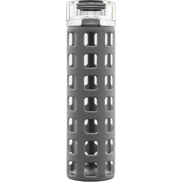 Durable glass water bottle with convenient one-touch flip lid, silicone sleeve, ideal for daily carry.