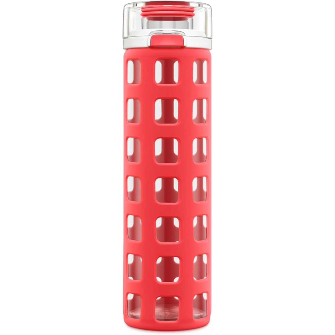 Hydration-ready glass water bottle for active lifestyle, featuring leak-proof flip lid & protective sleeve.