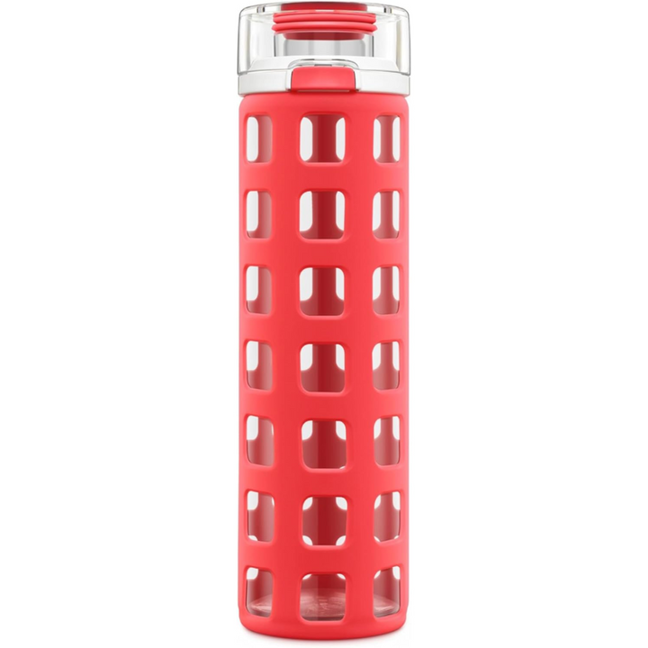 Hydration-ready glass water bottle for active lifestyle, featuring leak-proof flip lid & protective sleeve.