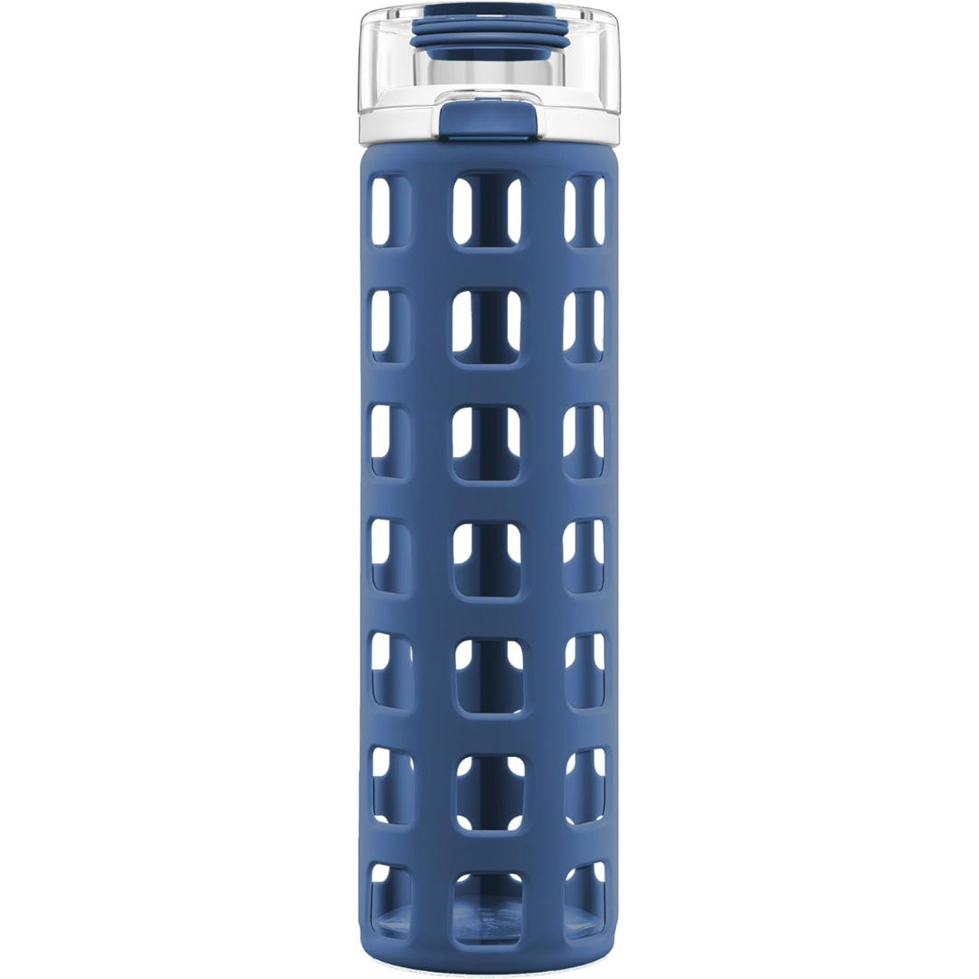 Unisex durable glass water bottle, leak-proof flip lid & protective silicone, ideal for everyday.