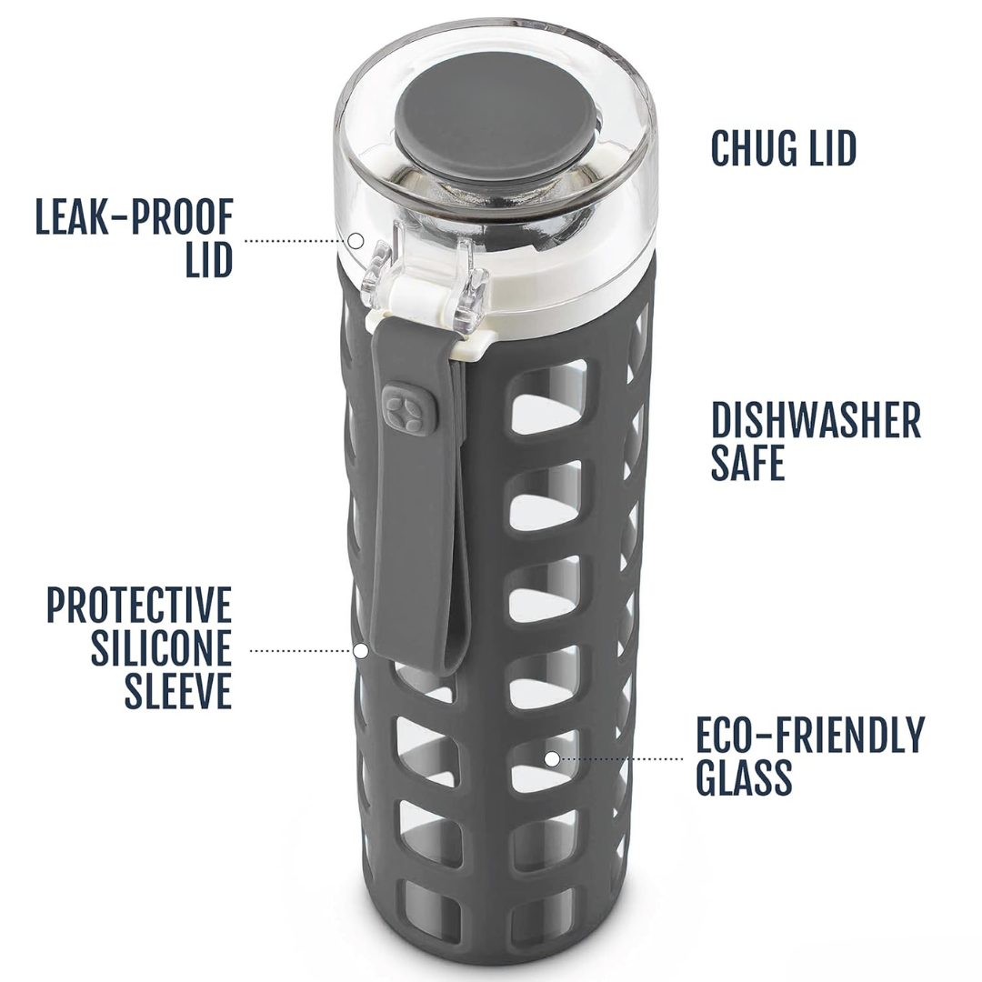 Reusable glass water bottle with secure flip lid & grippy silicone sleeve; supports daily hydration.