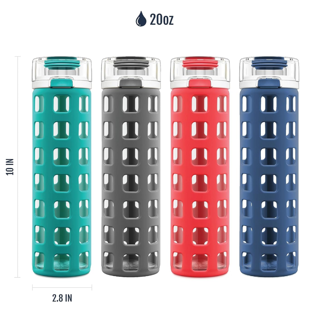 High-quality glass water bottle with one-touch flip lid for easy access, great for on-the-go hydration.
