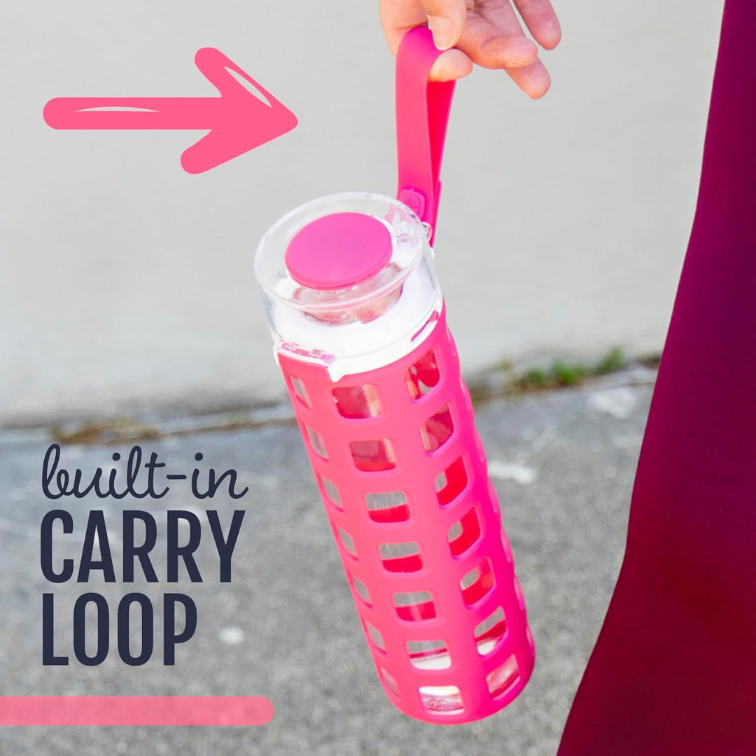 Leak-proof glass water bottle with flip lid, perfect for gym, office or travel; sustainable hydration.