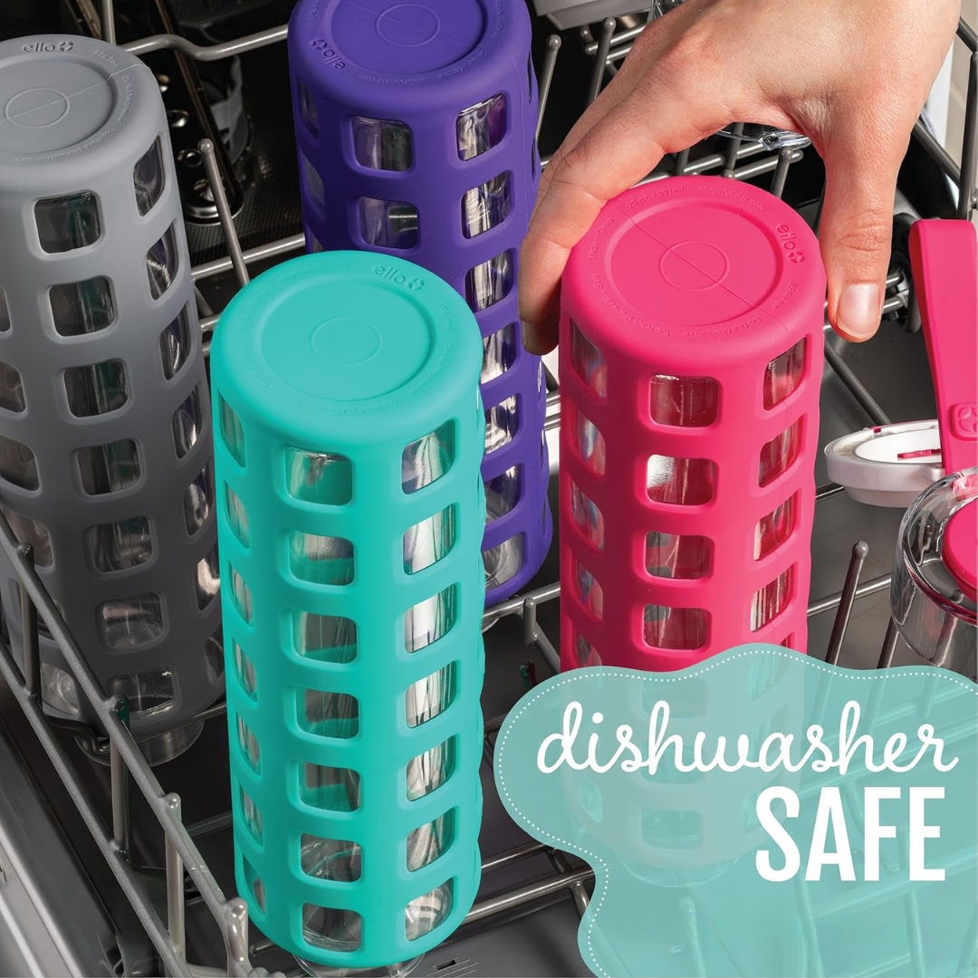 Stylish unisex glass water bottle, durable design with practical flip lid and silicone protection.