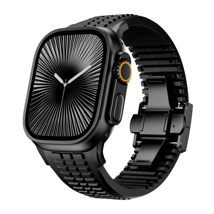 Comfortable black silicone smartwatch strap, durable & soft, ideal for sports & daily wear.