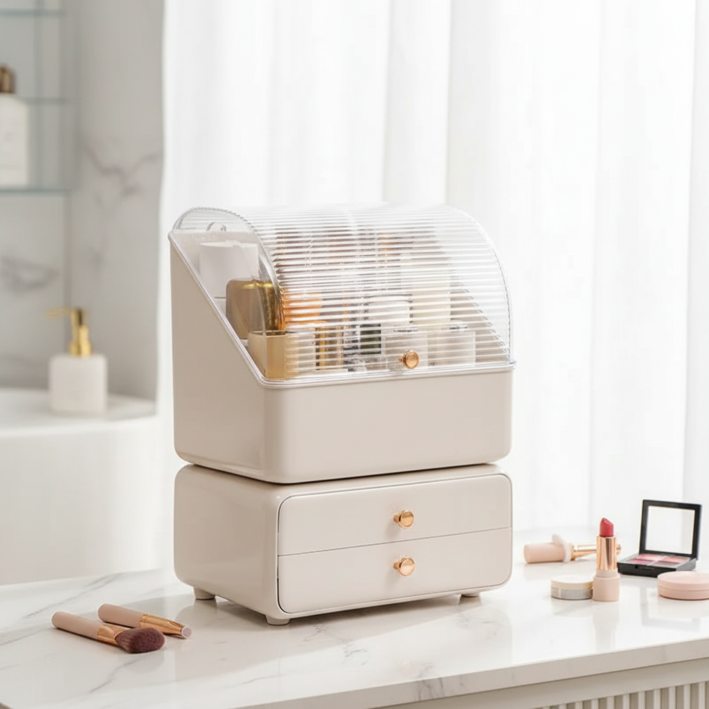 Unisex dustproof cosmetic storage organizer box with clear lid, Gleamette makeup storage for vanity