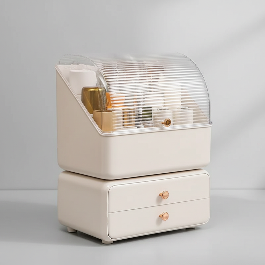 Gleamette dustproof cosmetic organizer box, transparent lid for makeup storage, space-saving design