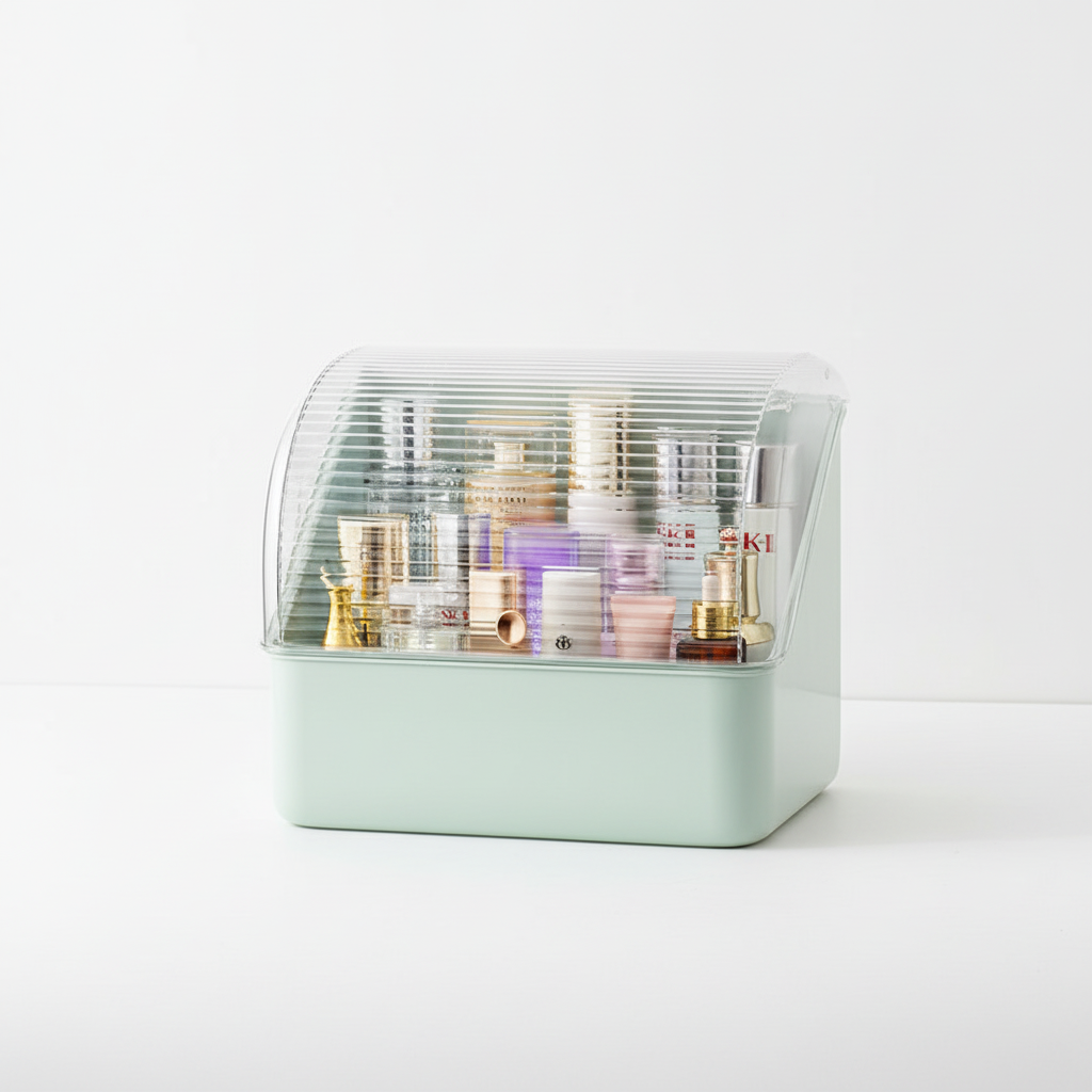 Gleamette dustproof cosmetic storage organizer, multi-drawer makeup box, transparent design, space-saving