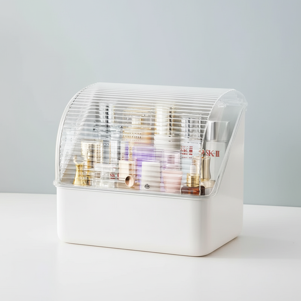 Gleamette dustproof cosmetic organizer, compact makeup storage box, clear lid, for bathroom vanity