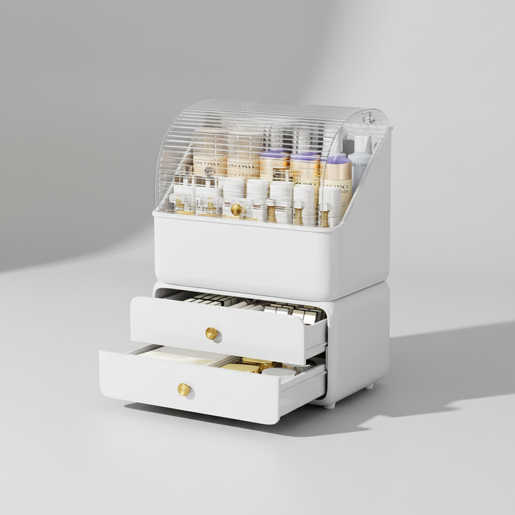 Space-saving Gleamette cosmetic organizer, dustproof and transparent, ideal for makeup and beauty products
