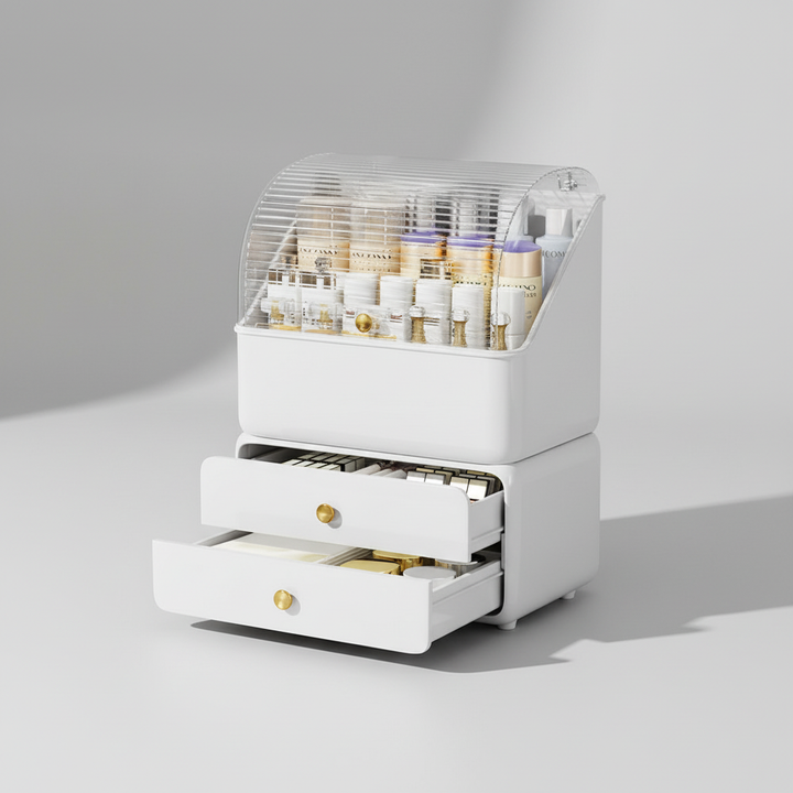 Space-saving Gleamette cosmetic organizer, dustproof and transparent, ideal for makeup and beauty products