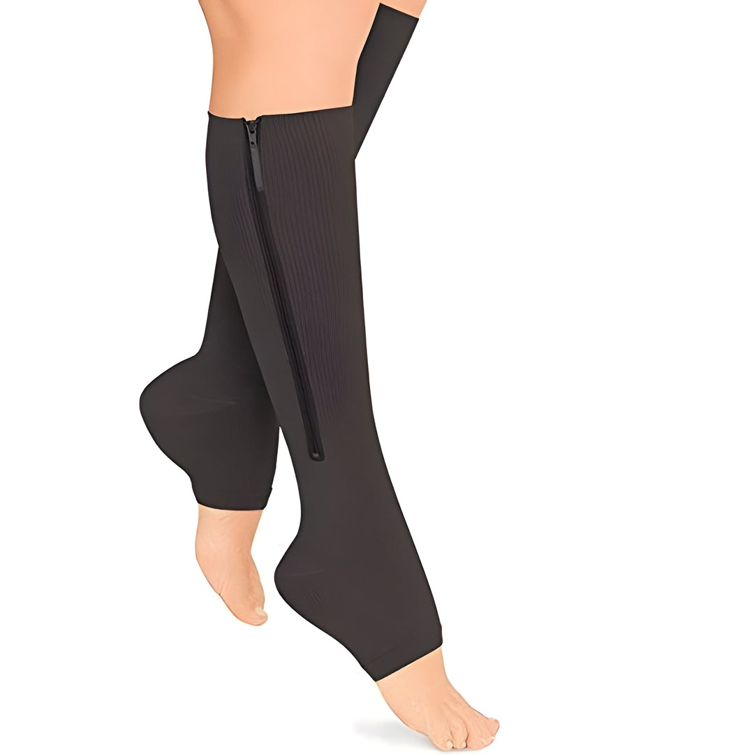 Unisex easy-zip compression socks (20-30 mmHg) for energized legs, swelling relief, & circulation.