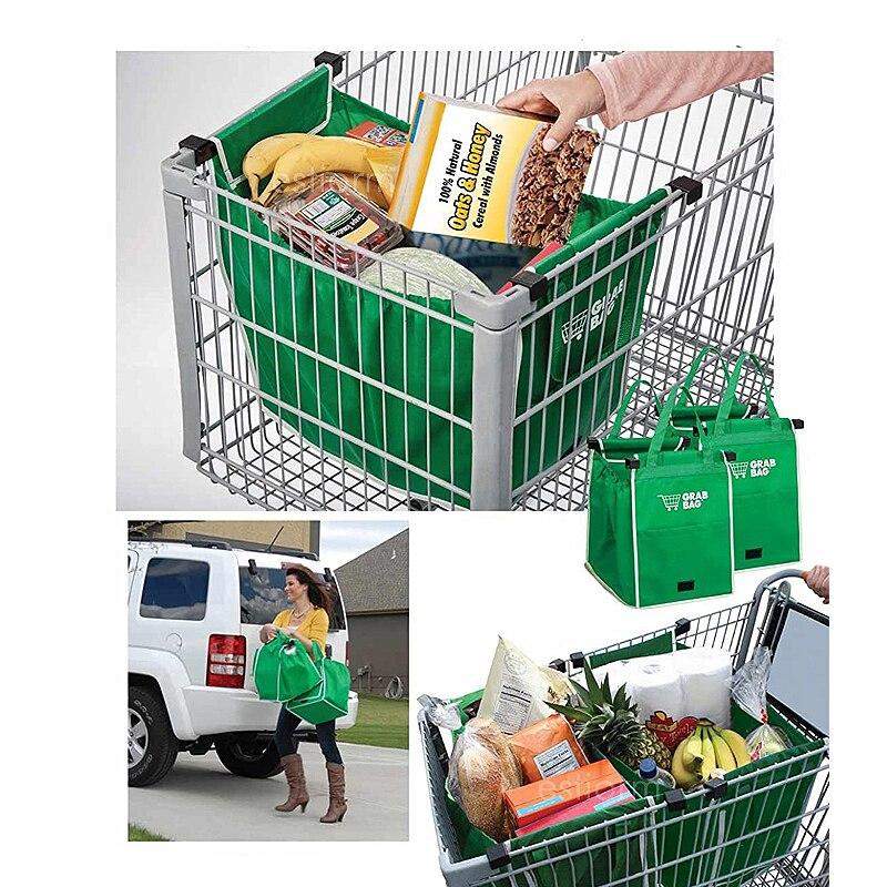 Foldable green non-woven reusable grocery tote bag. Sustainable & portable for market shopping.