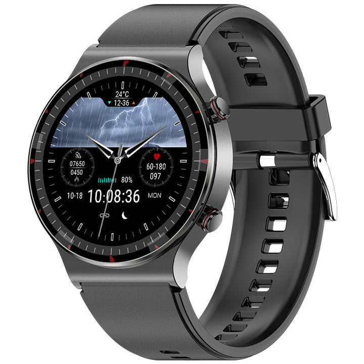 Unisex EKG Smartwatch for advanced health & fitness monitoring; sleek black design.