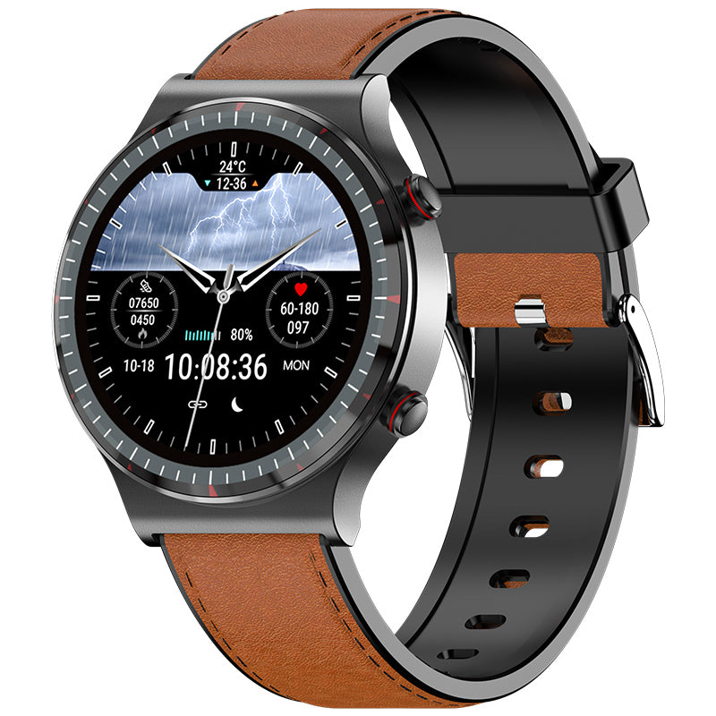 Person wearing unisex EKG smartwatch, checking fitness progress post-workout.