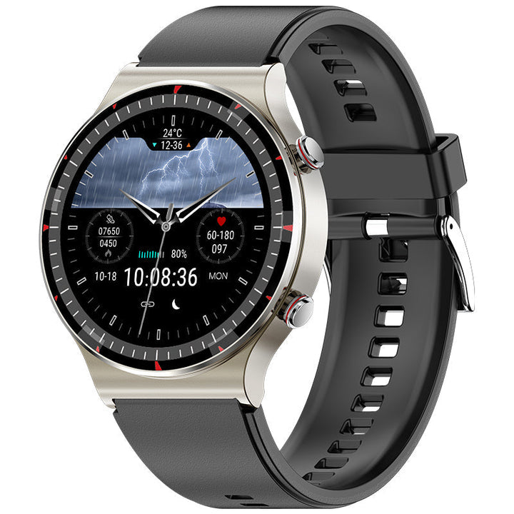 Smartwatch on a wrist during a run, tracking performance and real-time heart rate.
