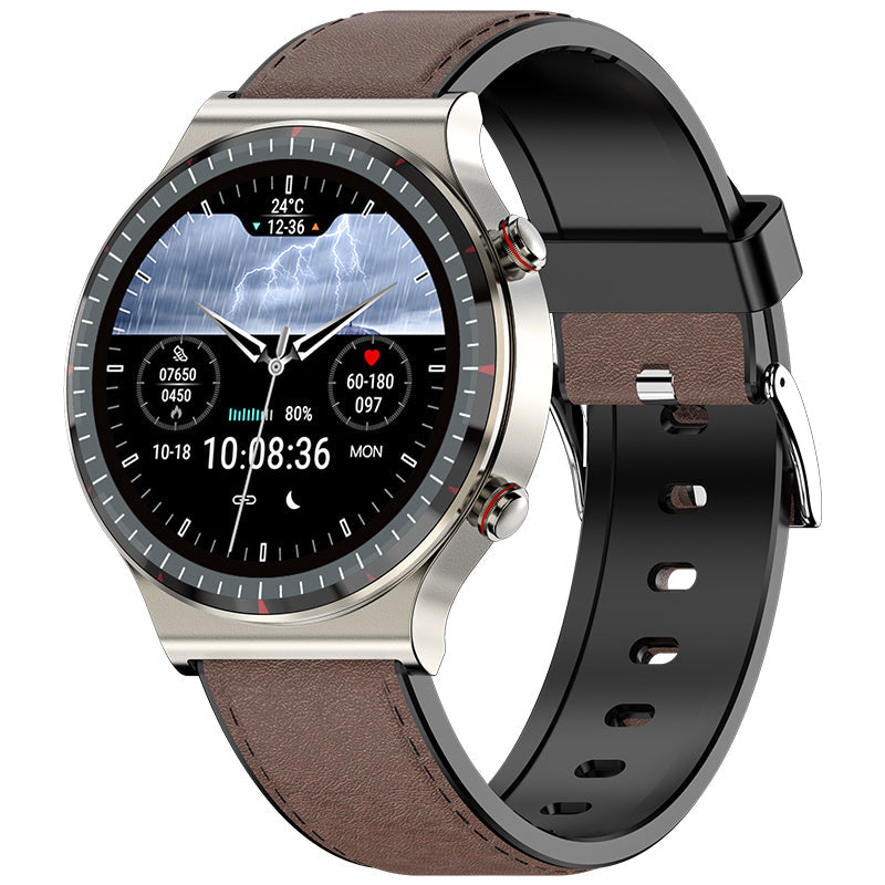 Unisex EKG smartwatch used to monitor health data through a connected phone app.