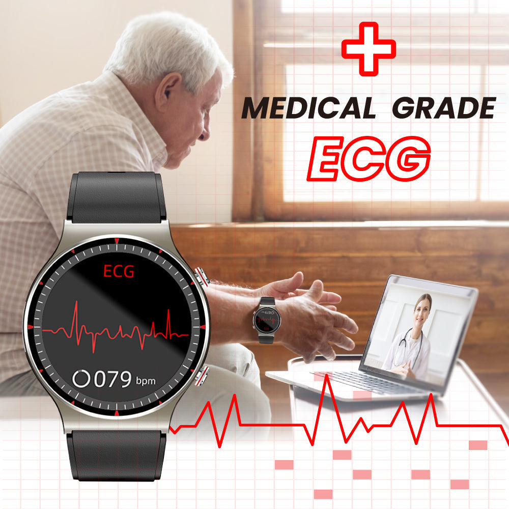 Elegant unisex EKG smartwatch on a table, ready for daily health and activity tracking.