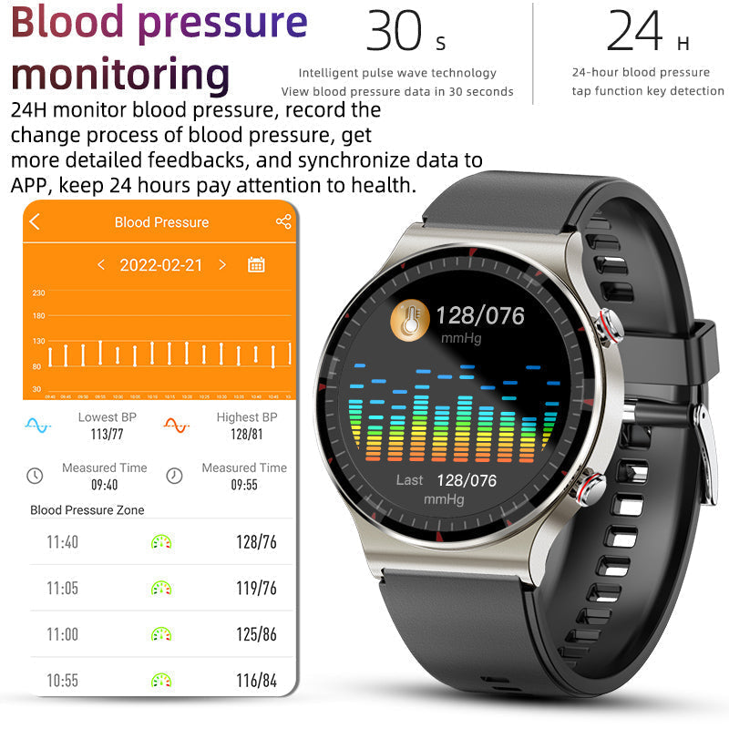 Smartwatch with ECG, blood oxygen, heart rate, & blood pressure tracking on display.