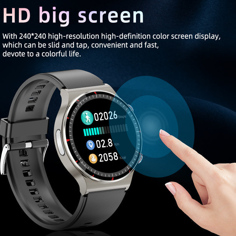 Side view of the slim unisex EKG smartwatch, highlighting its ergonomic and modern design.