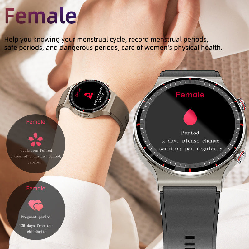 Fitness watch with EKG monitor, sleep tracker, & long battery life, modern design.