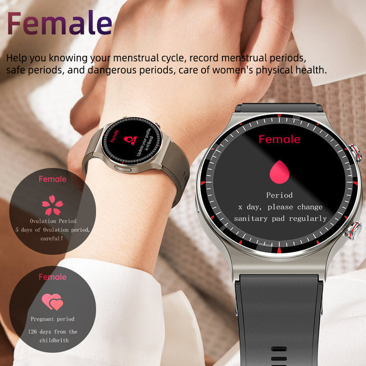 Fitness watch with EKG monitor, sleep tracker, & long battery life, modern design.