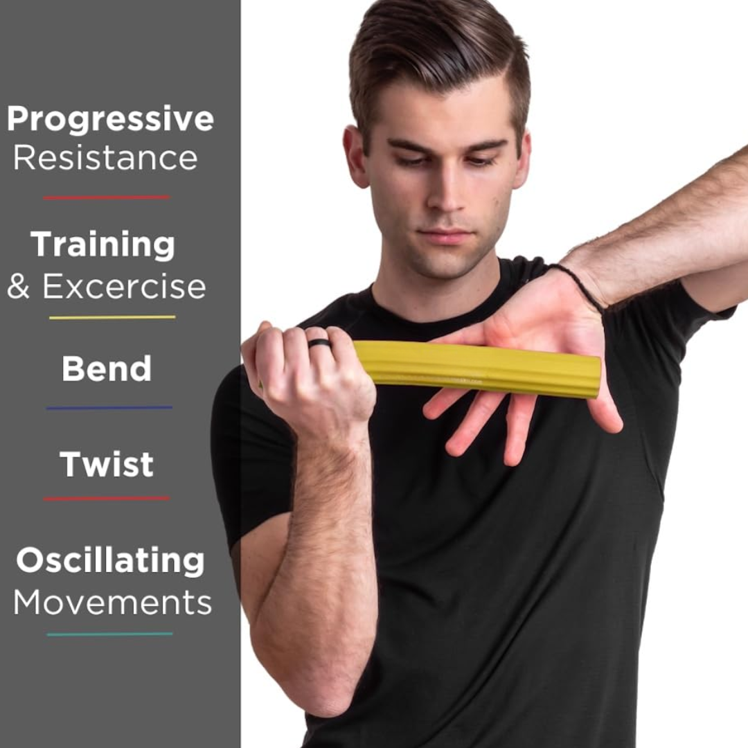 Twisting elbow therapy bar for tendinitis relief, improving forearm & wrist strength.