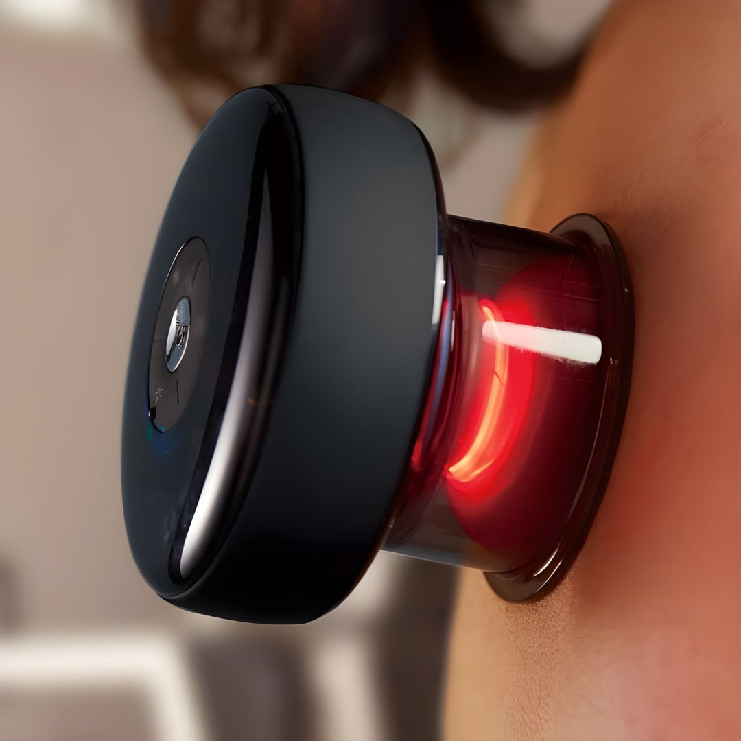 Electric cupping massager with red light therapy, ideal for muscle pain relief, recovery & circulation.