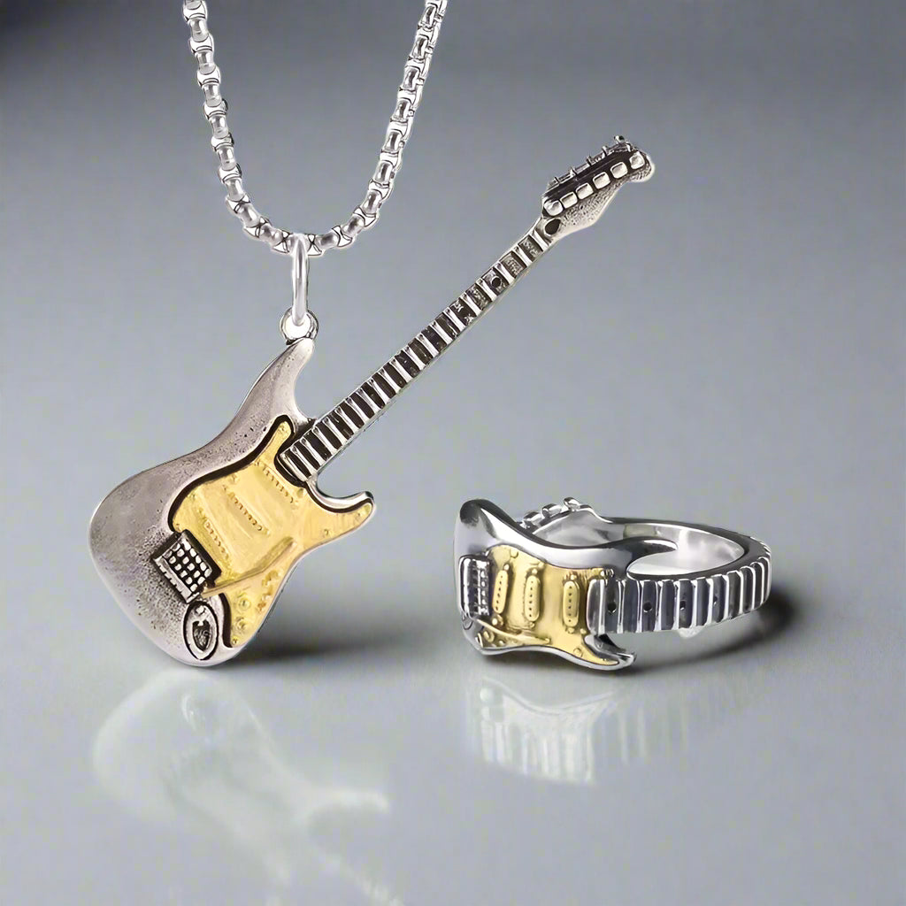 Stylish unisex electric guitar necklace and ring set, ideal accessory for rock music enthusiasts & fans.
